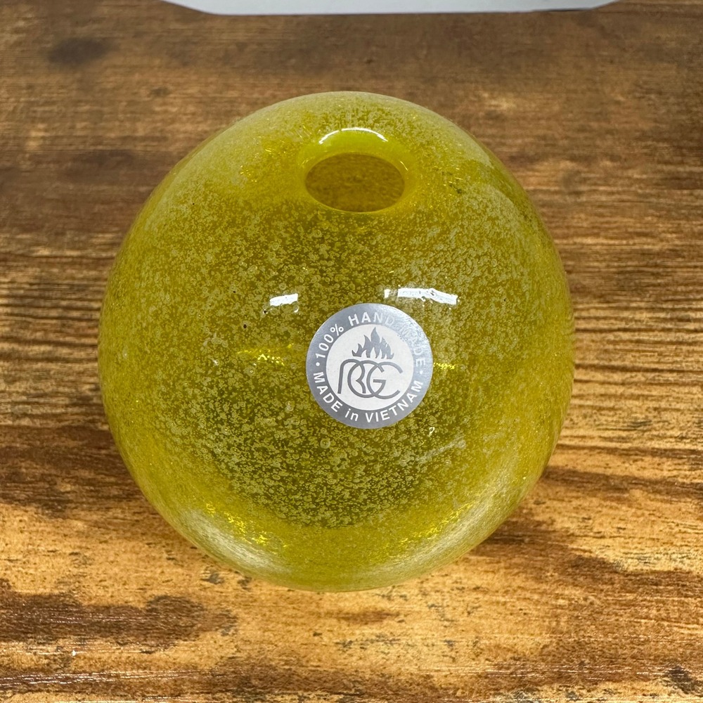 RBG Handmade Art Glass Bud Vase Yellow Green Seeded Bubble Sphere Vietnam